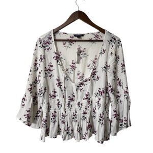 American Eagle Floral White and Purple Women's Top | Large